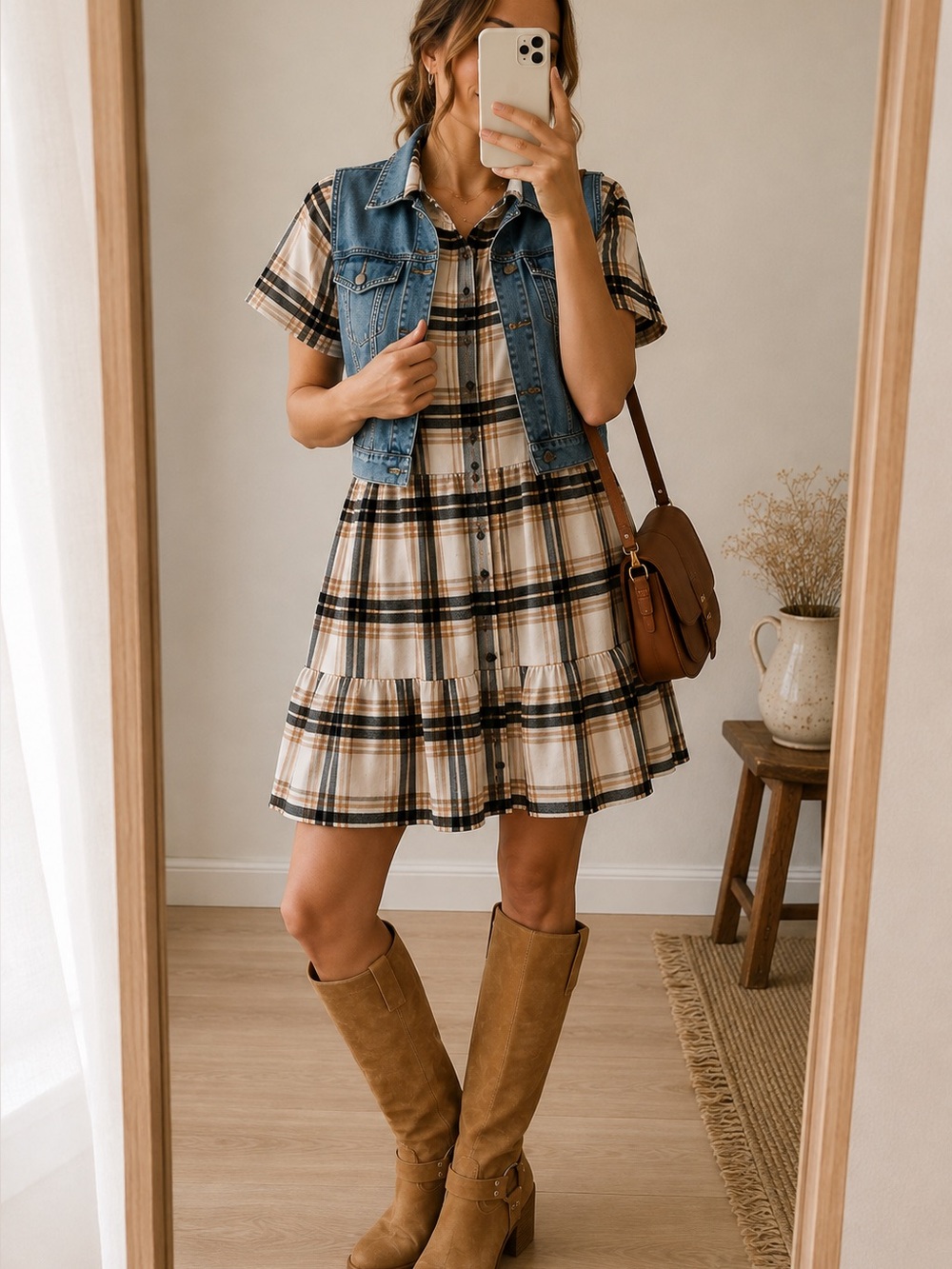 Plaid Button-Front Tiered Shirt Dress - Black, Tan, Cream